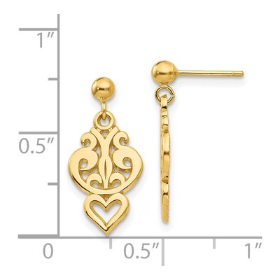 14K Yellow Gold Filigree Heart Dangle Earrings – view 5