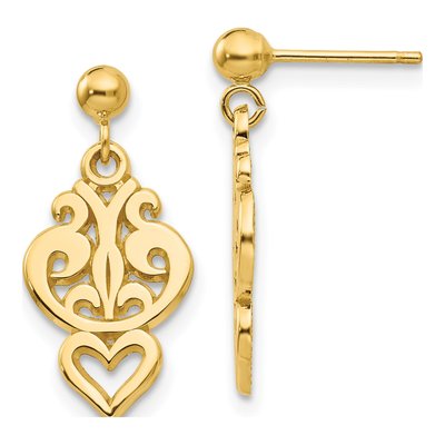14K Yellow Gold Filigree Heart Dangle Earrings
