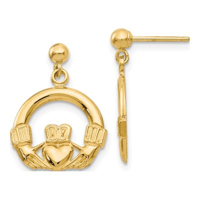14K Yellow Gold Claddagh Dangle Earrings