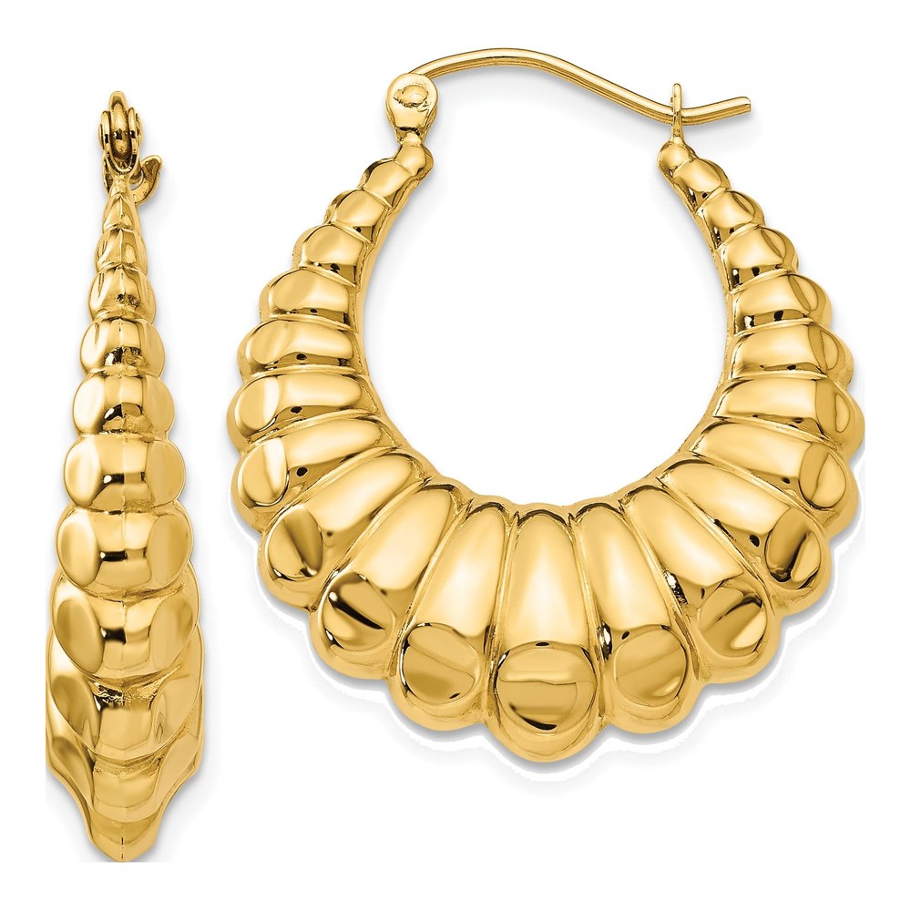 14K Yellow Gold 14mm Scalloped Hollow Hoop Earrings