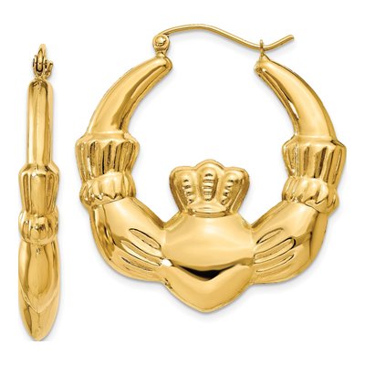14K Yellow Gold Claddagh Hoop Earrings