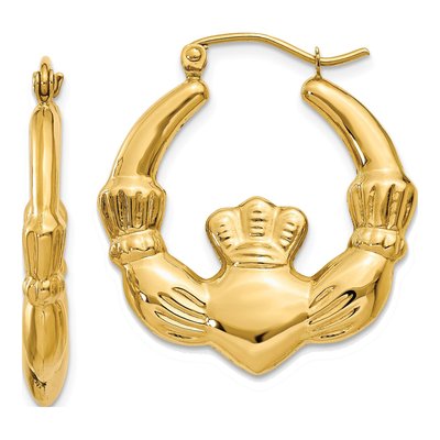 14K Yellow Gold Claddagh Hoop Earrings