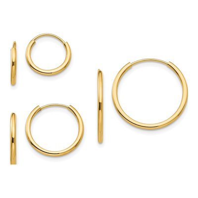 14K Gold Endless Hoop Earring Set, 3 Pair