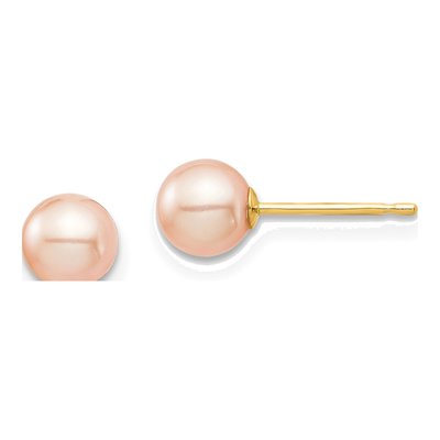 14K Yellow Gold Round Pink Freshwater Cultured Pearl Stud Earrings