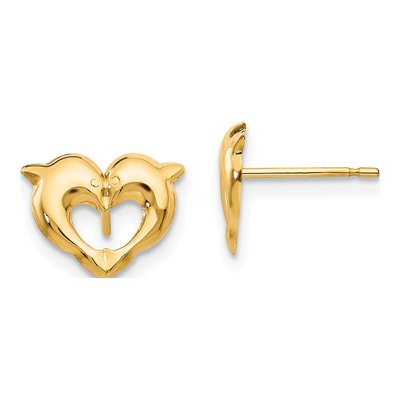 14K Yellow Gold Heart Dolphin Stud Earrings
