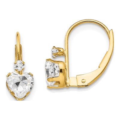 14K Yellow Gold CZ Heart Leverback Earrings