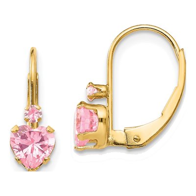 14K Yellow Gold CZ Heart Leverback Earrings