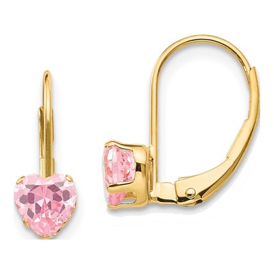14K Yellow Gold CZ Girls' Heart Leverback Earrings