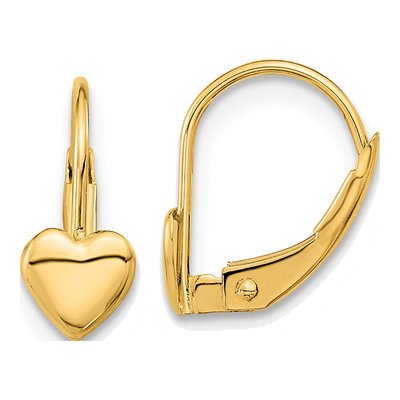 14K Yellow Gold Heart Leverback Earrings