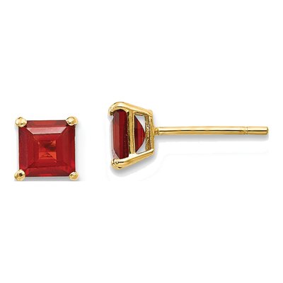 14K Yellow Gold 4mm Garnet Square Stud Earrings