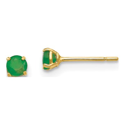 14K Yellow Gold 3mm Round Emerald Stud Earrings
