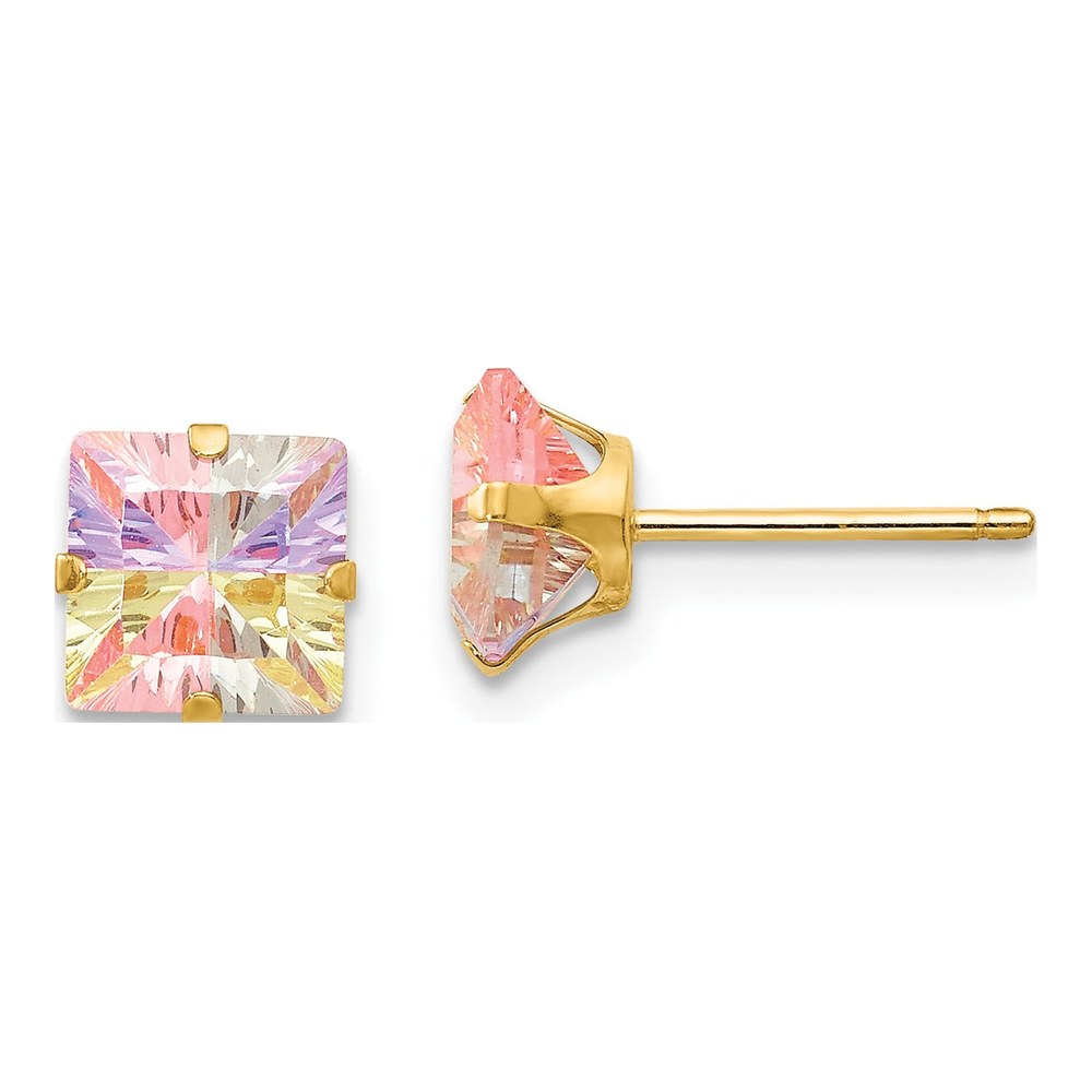 14K Yellow Gold 6mm CZ Multi-Color Square Stud Earrings