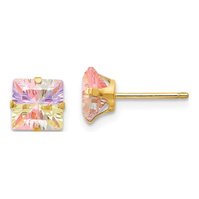 14K Yellow Gold 6mm CZ Multi-Color Square Stud Earrings