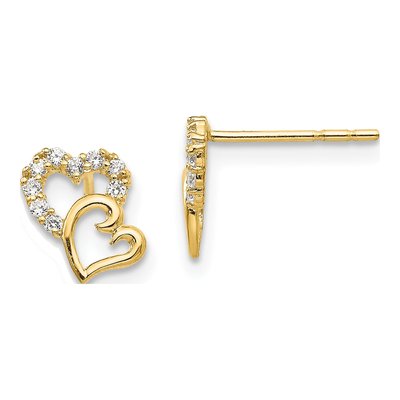 14K Yellow Gold CZ Double Heart Kids Stud Earrings