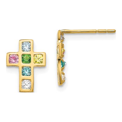 14K Yellow Gold CZ Multi-Colored Cross Stud Earrings