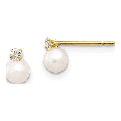 14K Yellow Gold Freshwater Cultured Pearl & CZ Stud Earrings