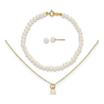 Girls' 14K Gold Pearl Necklace, Earrings & Bracelet Set
