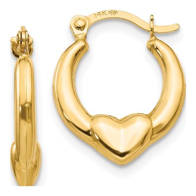 14K Yellow Gold 15mm Hollow Heart Hoop Earrings