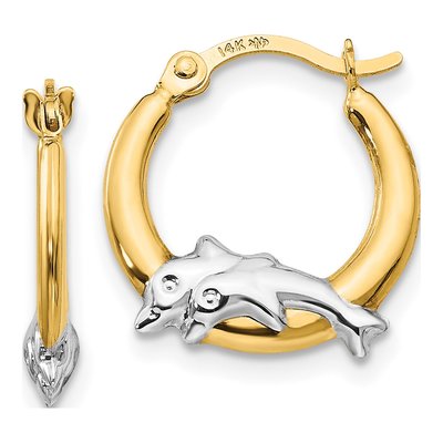 14K Yellow Gold 15mm Dolphin for Girls Hoop Earrings