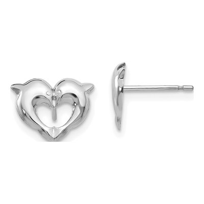 14K White Gold Heart Dolphin Stud Earrings