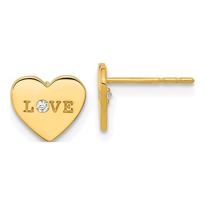 14K Yellow Gold CZ Kids' Heart Stud Earrings