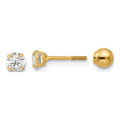 14K Yellow Gold Round CZ Reversible Ball Stud Earrings