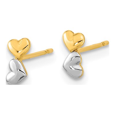 14K Two-Tone Gold Double Heart Kids' Stud Earrings – view 3