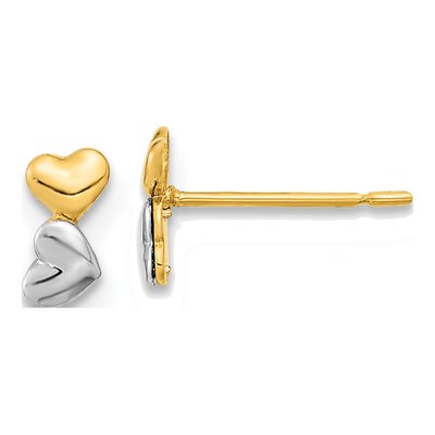 14K Two-Tone Gold Double Heart Kids' Stud Earrings