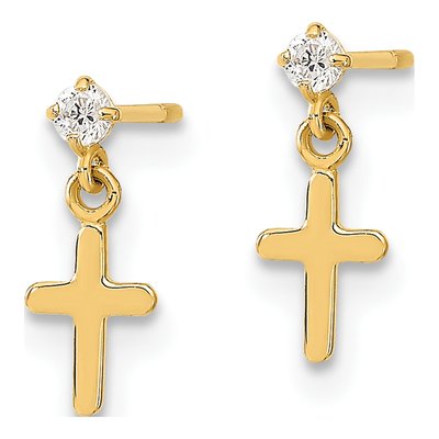 14K Yellow Gold CZ Girls' Cross Dangle Earrings – view 3