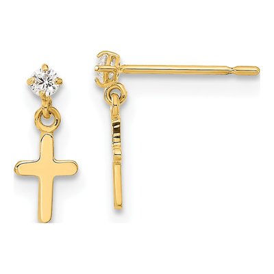 14K Yellow Gold CZ Girls' Cross Dangle Earrings