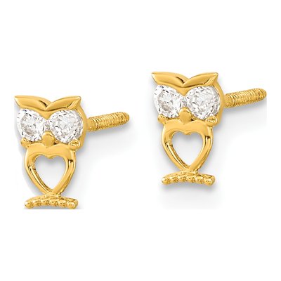 14K Yellow Gold Round CZ Owl Screwback Stud Earrings – view 3