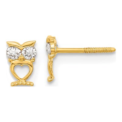 14K Yellow Gold Round CZ Owl Screwback Stud Earrings