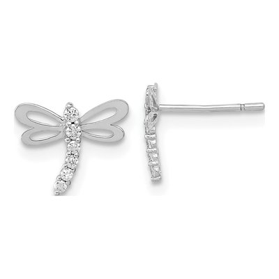 14K White Gold Round CZ Dragonfly Kids Stud Earrings