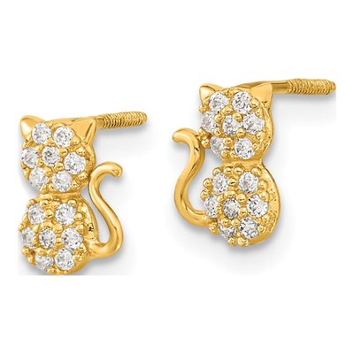 14K Yellow Gold Round CZ Cat for Girls Stud Earrings – view 3