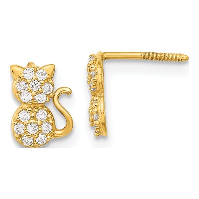 14K Yellow Gold Round CZ Cat for Girls Stud Earrings