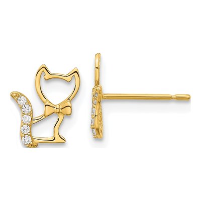 14K Yellow Gold Round CZ Girls' Kitten Stud Earrings