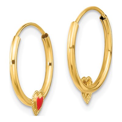 14K Yellow Gold 13mm Red Enamel Heart Hoop Earrings – view 3