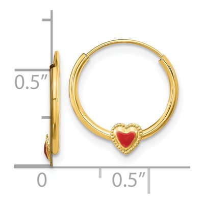 14K Yellow Gold 13mm Red Enamel Heart Hoop Earrings – view 4