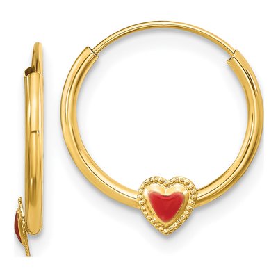 14K Yellow Gold 13mm Red Enamel Heart Hoop Earrings
