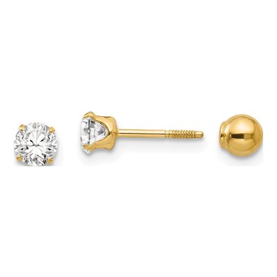 14K Yellow Gold 4mm Round CZ Reversible Ball Stud Earrings