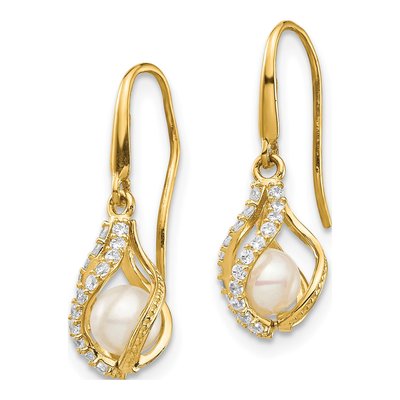 14K Gold Freshwater Pearl & CZ Cage Dangle Earrings – view 2