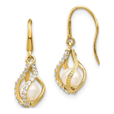 14K Yellow Gold Freshwater Cultured Pearl Cage Dangle Earrings