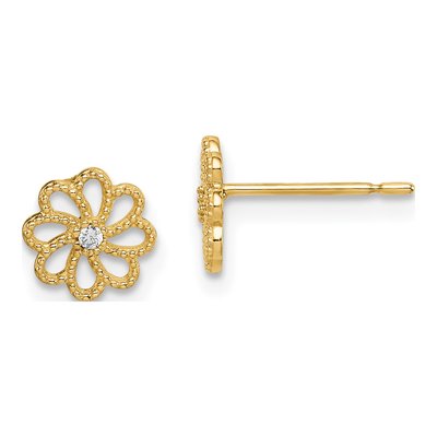 14K Yellow Gold Girls' CZ Flower Stud Earrings