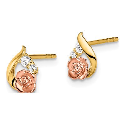 14K Two-Tone Gold CZ Flower Kids' Stud Earrings – view 3