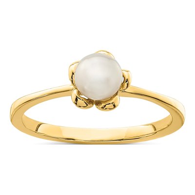 14K Yellow Gold Freshwater Cultured Pearl Flower for Girls Ring