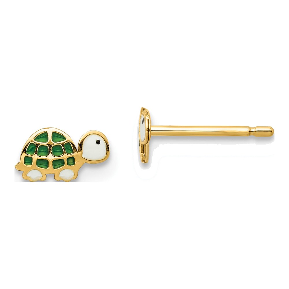 14K Yellow Gold Green Enamel Turtle Stud Earrings