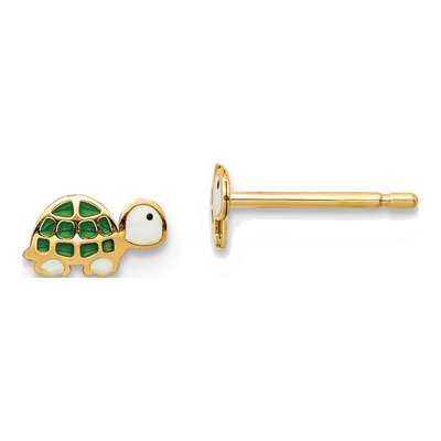 14K Yellow Gold Green Enamel Turtle Stud Earrings