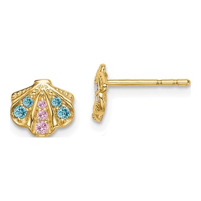 14K Yellow Gold Blue Pink CZ Seashell Stud Earrings