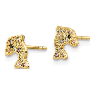 14K Yellow Gold Girls' Dolphin CZ Stud Earrings – view 3