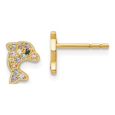 14K Yellow Gold Girls' Dolphin CZ Stud Earrings